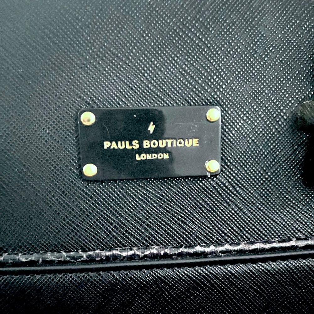 Paul Boutique London structured handbag. Black and snakeskin w/ orange interior